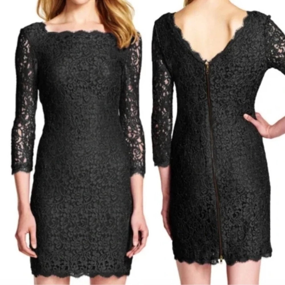 Adrianna Papell Black Boutique Lace Sheath Dress. V-Back/Full zip. Size 12 EUC!